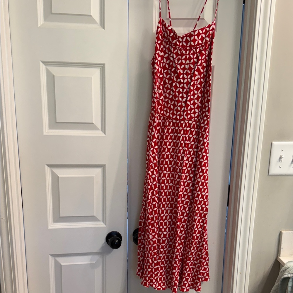 LOFT Red and White Patterned Midi Dress